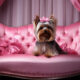 Yorkshire Terrier na eleganckiej sofie.